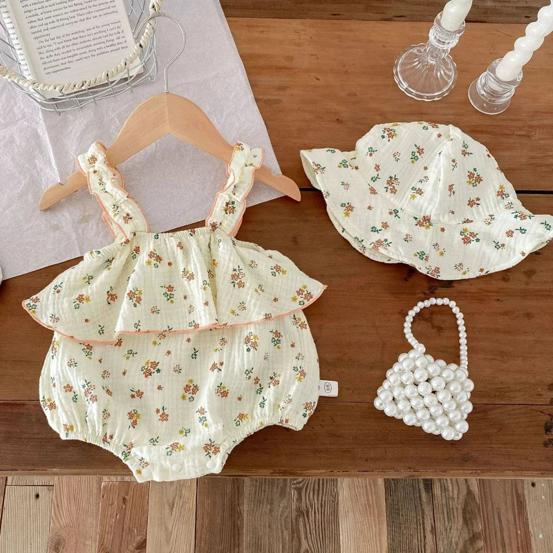 Summer Floral Muslin Baby Romper Set with Hat - Sweet Heart Print Sleeveless Jumpsuit for Newborns and Toddlers