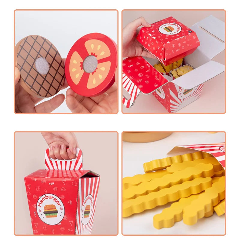Wooden Hamburger & Fries Play Set - Interactive Montessori Kitchen Toy for Kids