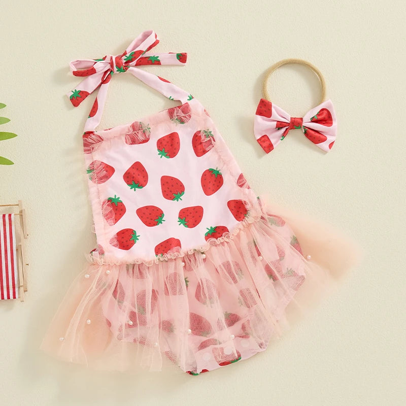 Adorable Baby Girl Summer Ruffle Romper Dress with Strawberry Print and Matching Headband Set