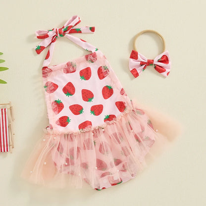 Adorable Baby Girl Summer Ruffle Romper Dress with Strawberry Print and Matching Headband Set
