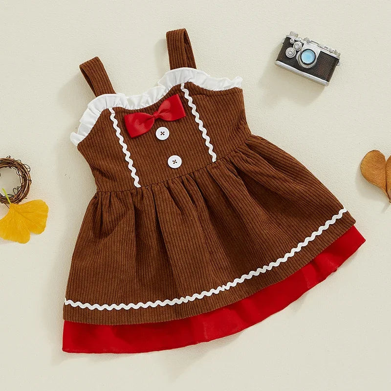 Adorable A-Line Dress for Baby Girls with Gingerbread Man Patch and Ruffled Bow - Perfect for Christmas Parties