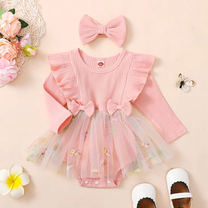 Adorable Baby Girls Floral Ruffled Long Sleeve Romper Dress with Headband Set for Newborns