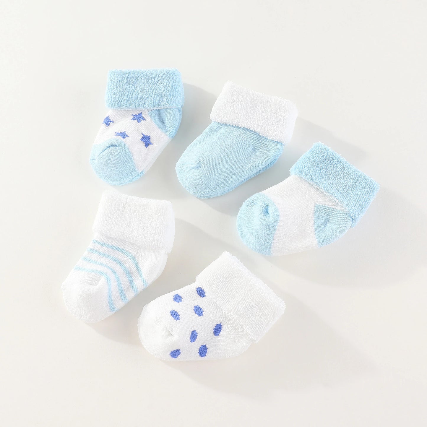 Unisex 5-Pack Cotton Baby Socks for Infants - Solid Colors & Star Patterns 0-12M