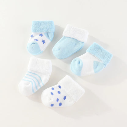 Unisex 5-Pack Cotton Baby Socks for Infants - Solid Colors & Star Patterns 0-12M