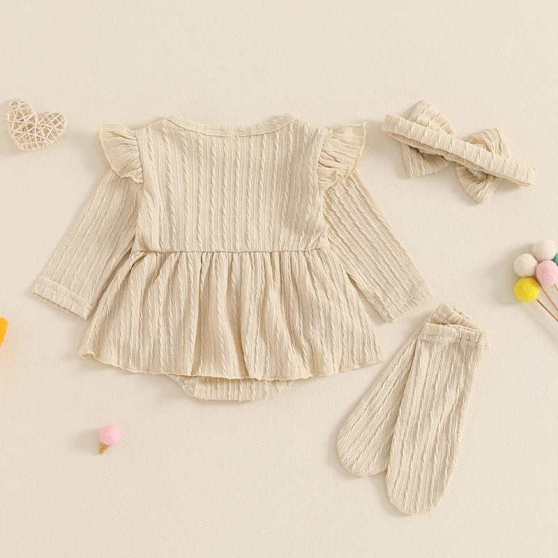 Adorable Baby Girls 3-Piece Ribbed Ruffled Romper Set with Bow, Headband, and Stockings
