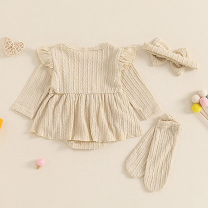 Adorable Baby Girls 3-Piece Ribbed Ruffled Romper Set with Bow, Headband, and Stockings