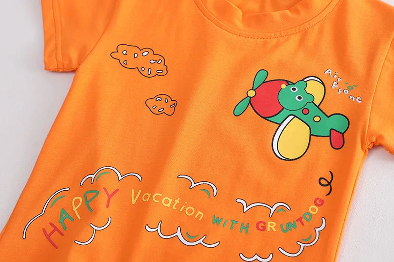 2023 Toddler Boys Cartoon Plane Summer Outfit Set - Short Sleeve T-shirt and Denim Shorts