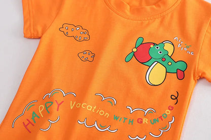 2023 Toddler Boys Cartoon Plane Summer Outfit Set - Short Sleeve T-shirt and Denim Shorts