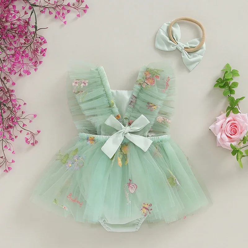 Adorable Baby Girl 2-Piece Floral Embroidery Tulle Romper Dress with Ruffle Sleeves and Headband Set