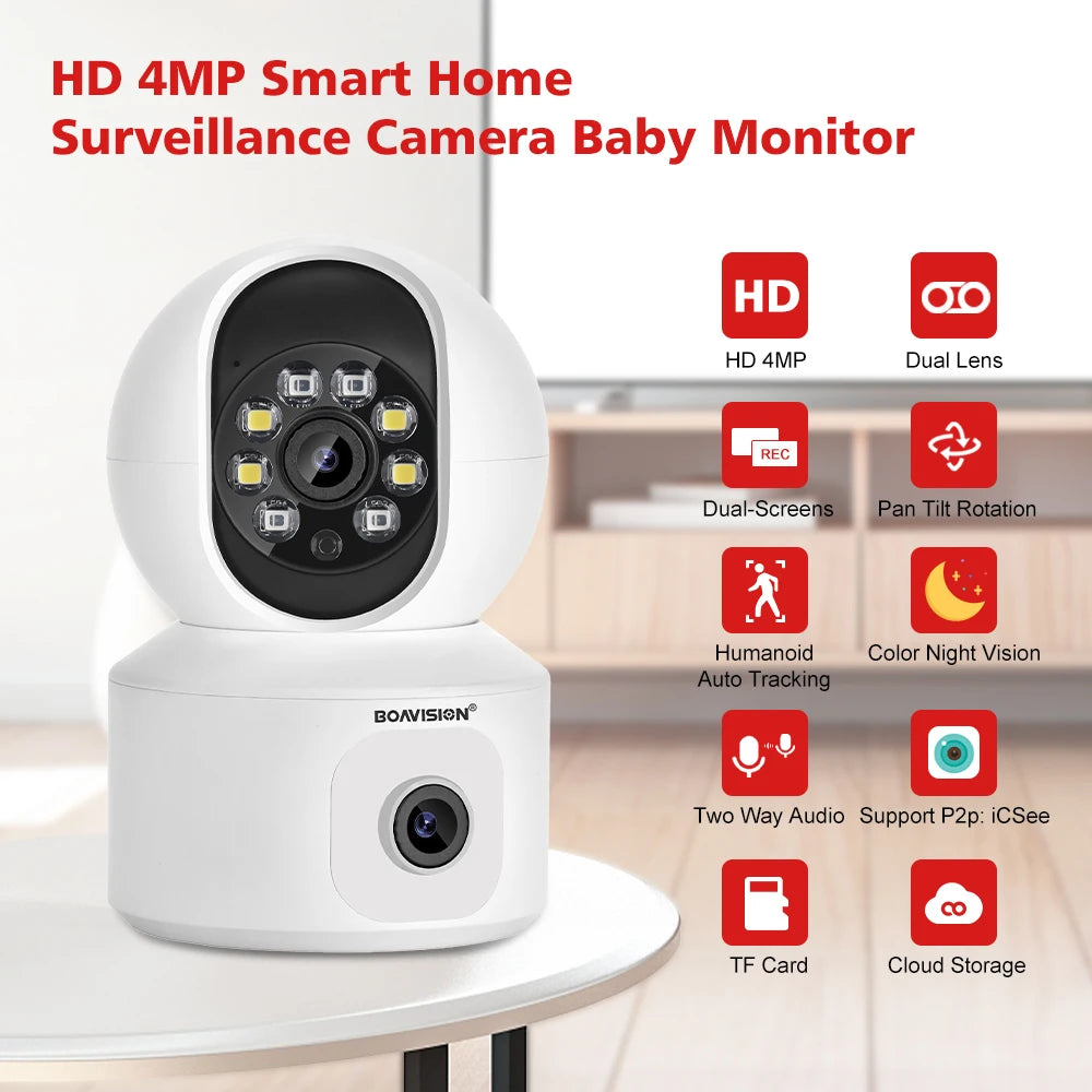 4MP HD WiFi PTZ Baby Monitor Camera with Dual-Lens, Dual-Screen, Auto Tracking, and Human Detection - ONVIF Security Surveillance System