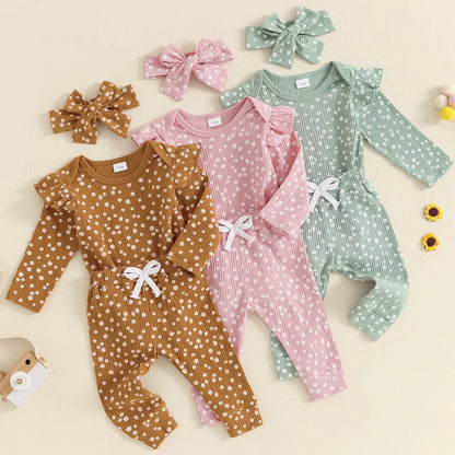 Adorable Floral 3-Piece Outfit Set for Newborn Baby Girls - Long Sleeve Bodysuit, Bow Pants, and Headband for Autumn