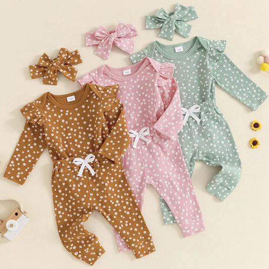 Adorable Floral 3-Piece Outfit Set for Newborn Baby Girls - Long Sleeve Bodysuit, Bow Pants, and Headband for Autumn