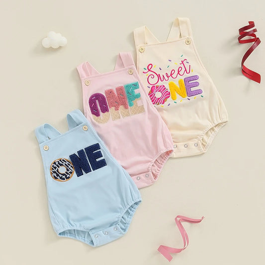 Unisex Baby Birthday Romper with Letter Embroidery - Sleeveless Square Neck Jumpsuit for Newborns