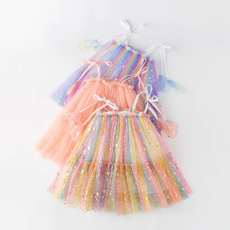 Girls' Tutu Birthday Party Dress 2024 - Sleeveless Sequin Stars Mesh Sling Princess Outfit for Ages 1-7