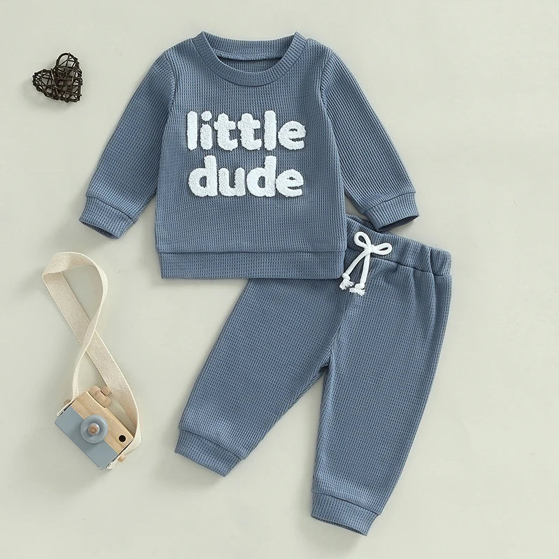Unisex Baby Waffle Outfit Set with Letter Embroidery - Long Sleeve Sweatshirt and Elastic Waist Pants for Newborns