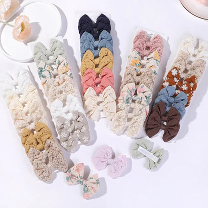10-Piece Handmade Baby Hair Bows Set with Cotton Embroidery Clips for Girls
