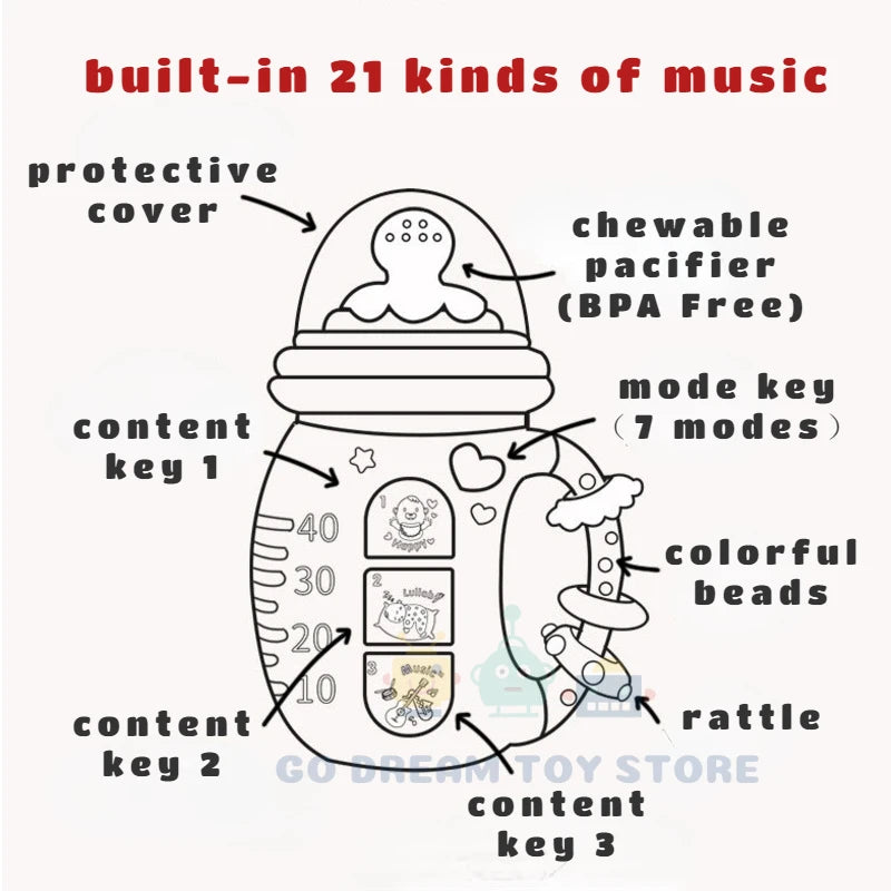 Interactive Musical Baby Bottle with Teether and Rattles - Engaging Mobile Toy for Infants 0-12 Months
