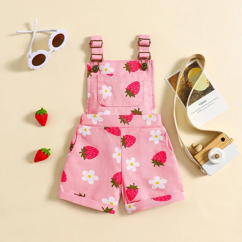 Summer Floral Denim Overalls for Girls - Casual Suspender Shorts for Kids