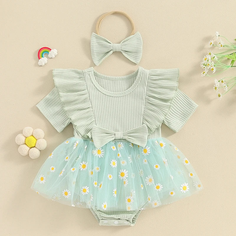 Adorable Baby Girl 2-Piece Daisy Print Summer Romper Dress Set with Matching Headband