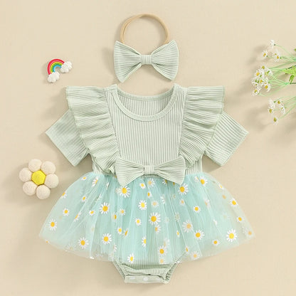 Adorable Baby Girl 2-Piece Daisy Print Summer Romper Dress Set with Matching Headband