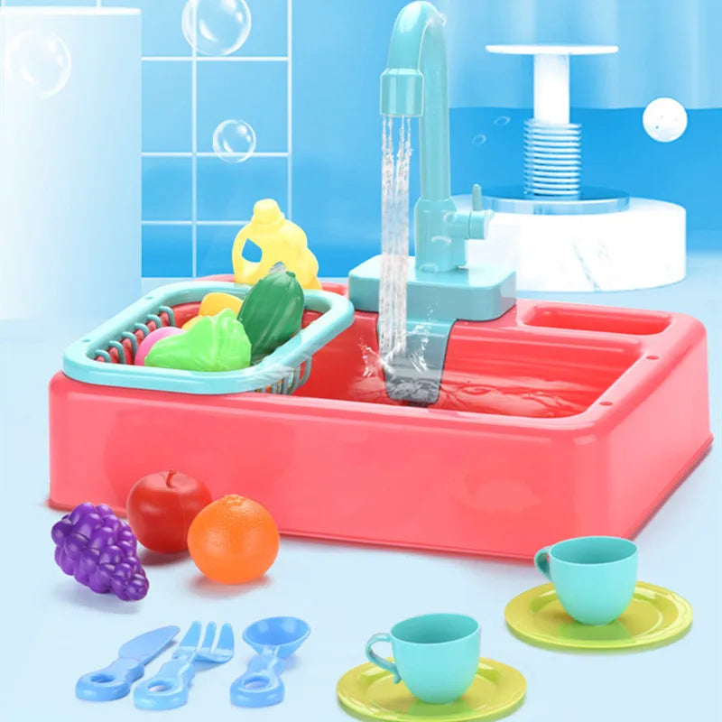 Kids Electric Dishwashing Playset - Water Simulation Sink Toy for Role-Playing Housework Activities