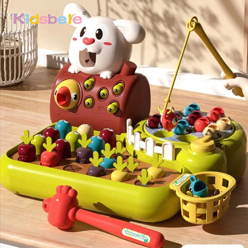 Montessori 4-in-1 Learning Toy Set for Toddlers: Fun Fishing, Whac-A-Mole, Carrot Pulling & Feeding Activities for Ages 1-3