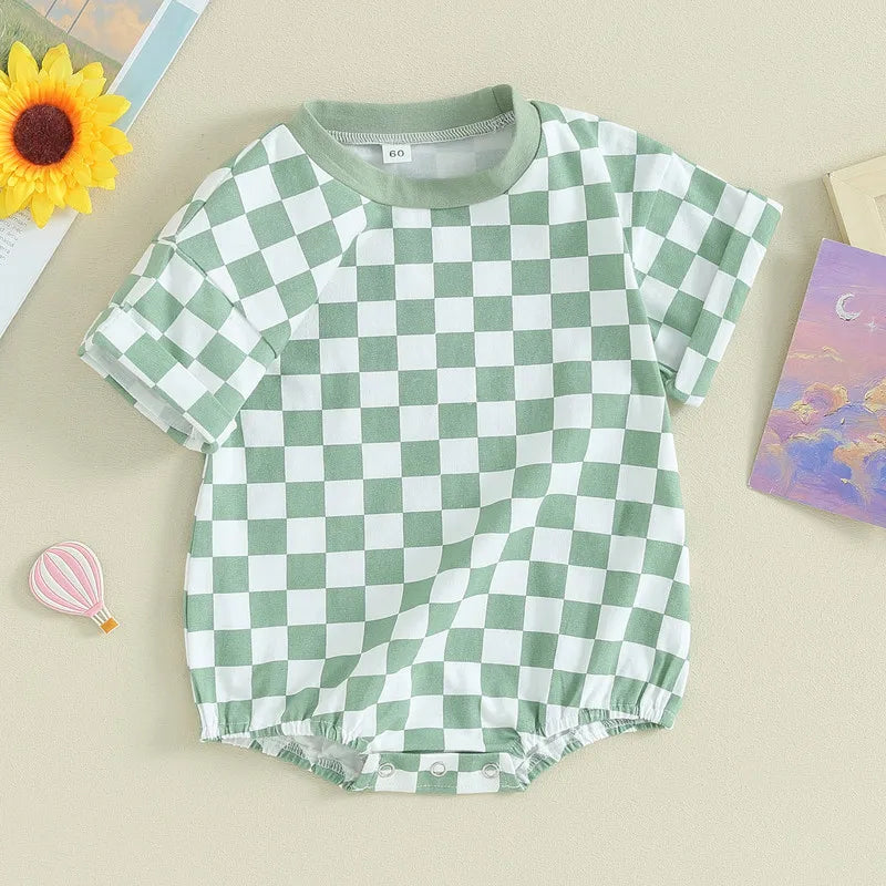 Summer Checkerboard Bodysuit for Newborns - Cute Round Neck Short Sleeve Jumpsuit in Various Colors