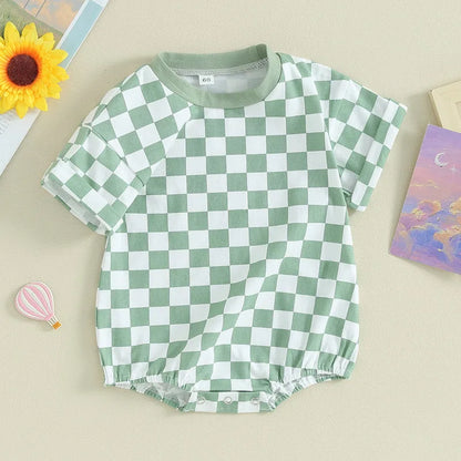 Summer Checkerboard Bodysuit for Newborns - Cute Round Neck Short Sleeve Jumpsuit in Various Colors