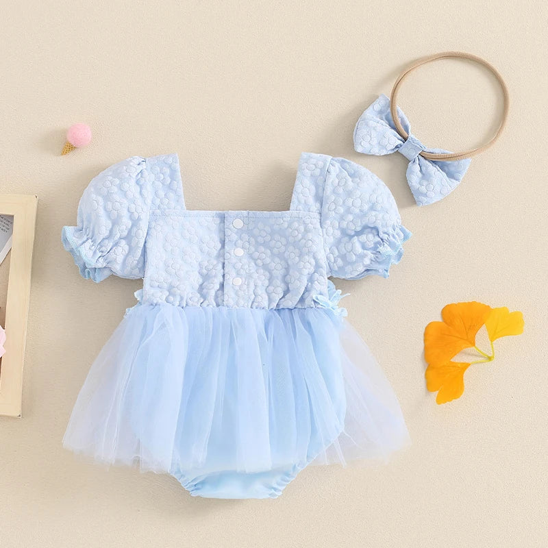 Adorable Baby Girls' Floral Summer Romper with Bow Headband and Puff Sleeves
