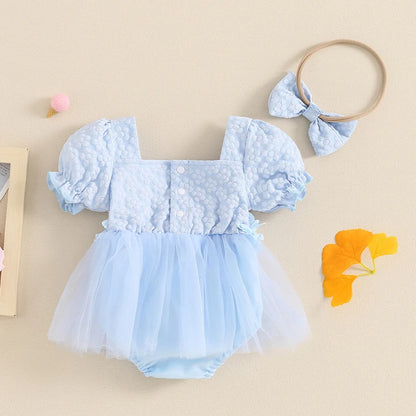 Adorable Baby Girls' Floral Summer Romper with Bow Headband and Puff Sleeves