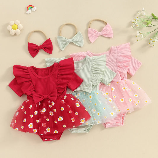 Adorable Baby Girl 2-Piece Daisy Print Summer Romper Dress Set with Matching Headband