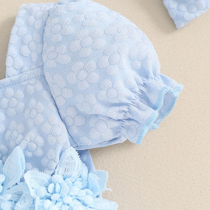 Adorable Baby Girls' Floral Summer Romper with Bow Headband and Puff Sleeves