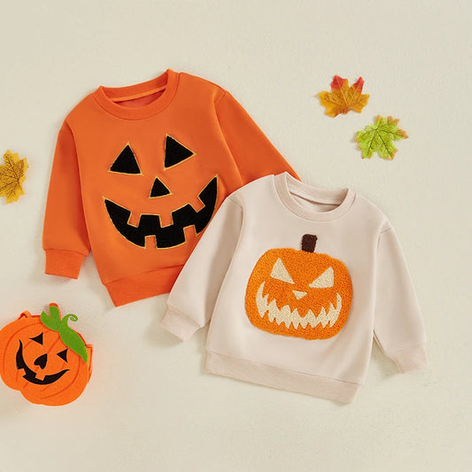 Adorable Pumpkin Embroidered Hoodies for Baby Boys and Girls - Halloween Long Sleeve Crew Neck Sweatshirts
