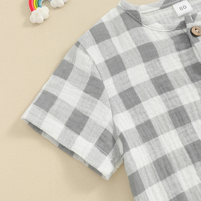 Summer Plaid Short Sleeve Top & Elastic Waist Shorts Set for Toddler Boys