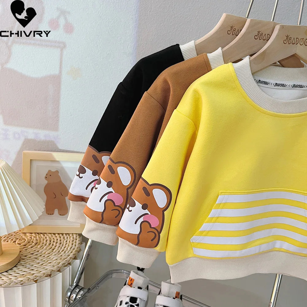 Adorable 2023 Children's Cartoon Bear Striped Sweatshirt and Denim Pants Outfit Set for Boys and Girls