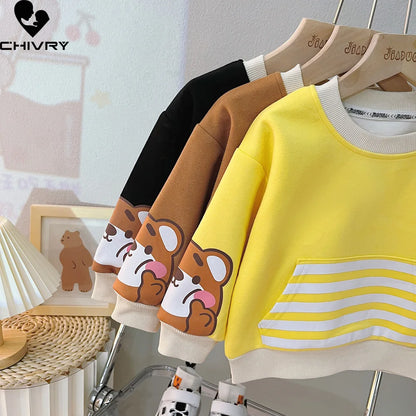 Adorable 2023 Children's Cartoon Bear Striped Sweatshirt and Denim Pants Outfit Set for Boys and Girls