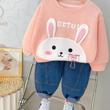 Adorable 2023 Kids Autumn Pullover Sweatshirt Set with Cartoon Animals and Denim Pants for Boys and Girls