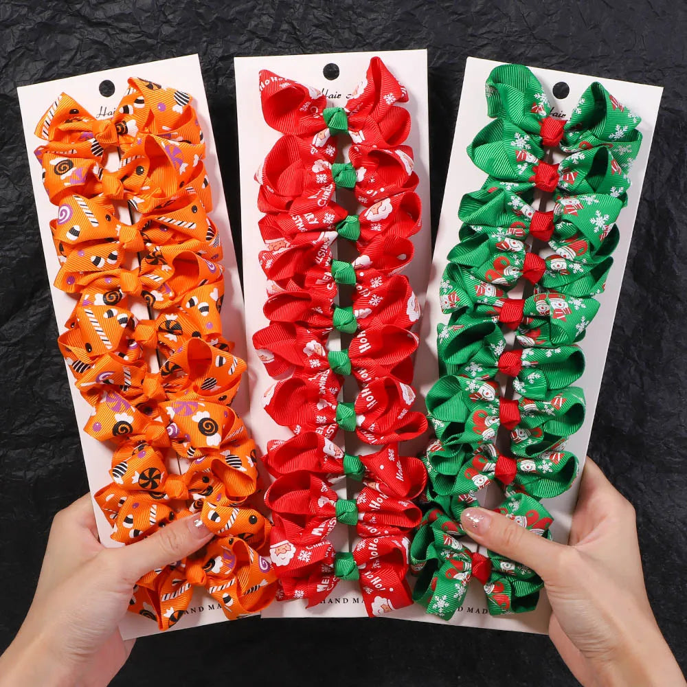 10-Count Festive Bow Hair Clips for Newborns - Halloween & Christmas Baby Girl Accessories