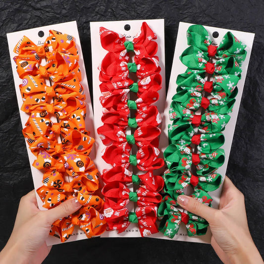 10-Count Festive Bow Hair Clips for Newborns - Halloween & Christmas Baby Girl Accessories