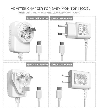 Type-C 5V 1000mA Power Adapter Charger for Baby Monitors VB601/VB602/VB603/VB605/VB607 (EU/US/AU/UK Plug Options)
