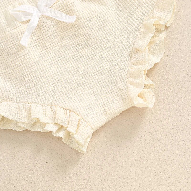 3-Piece Summer Outfit Set for Baby Girls - Waffle Flower Embroidered Sleeveless Romper, Ruffle Shorts, and Headband