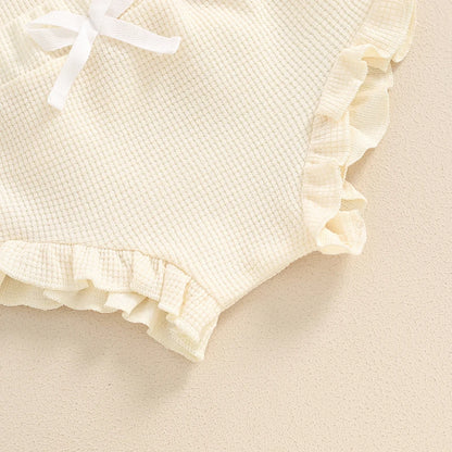 3-Piece Summer Outfit Set for Baby Girls - Waffle Flower Embroidered Sleeveless Romper, Ruffle Shorts, and Headband