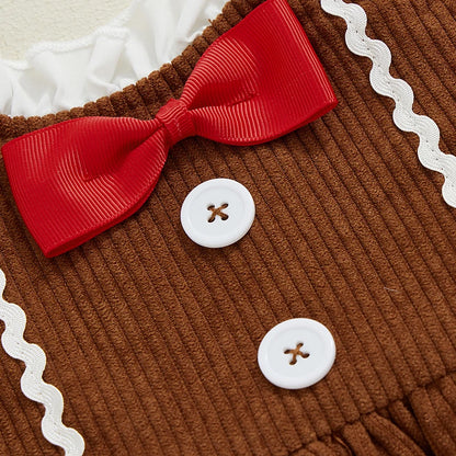 Adorable A-Line Dress for Baby Girls with Gingerbread Man Patch and Ruffled Bow - Perfect for Christmas Parties