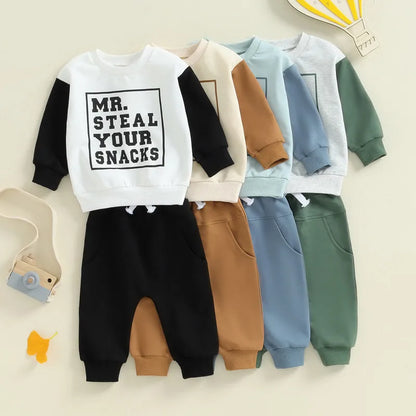 RUEWEY Boys' Fashionable Spring Autumn Outfit Set - Long Sleeve Letter Sweatshirt with Drawstring Pocket Pants