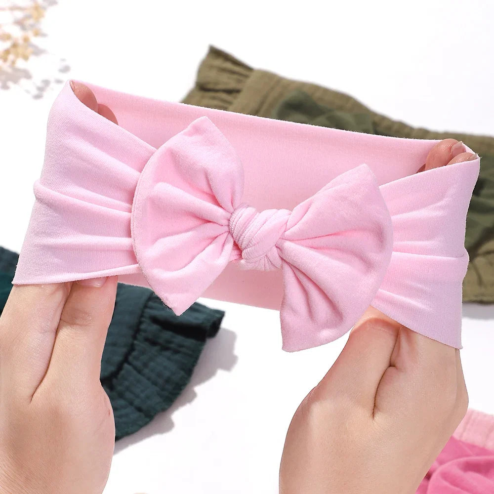 Toddler Ruffled Edge Turban Set with Big Bow - 2Pcs Solid Color Headbands for Newborns and Toddlers