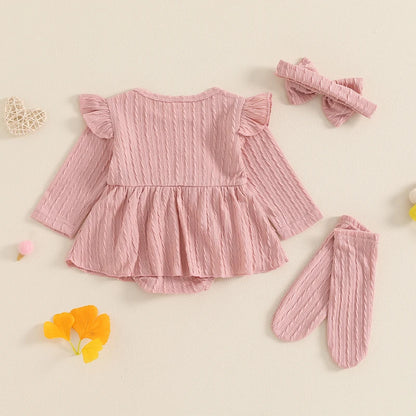 Adorable Baby Girls 3-Piece Ribbed Ruffled Romper Set with Bow, Headband, and Stockings