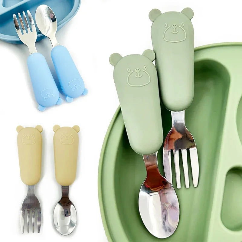 Toddler-Friendly Cartoon Stainless Steel Cutlery Set - Baby Spoon and Fork Dinnerware for Infants