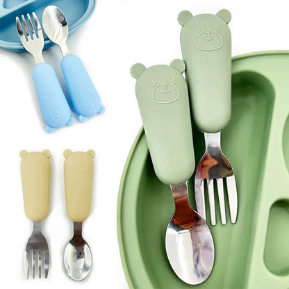Toddler-Friendly Cartoon Stainless Steel Cutlery Set - Baby Spoon and Fork Dinnerware for Infants