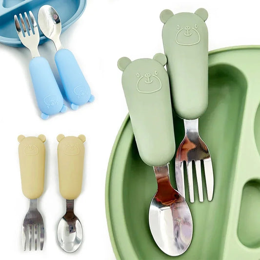 Toddler-Friendly Cartoon Stainless Steel Cutlery Set - Baby Spoon and Fork Dinnerware for Infants