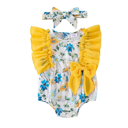 Toddler Summer Floral Bow Bodysuits with Ruffle Sleeves for Girls 0-18 Months